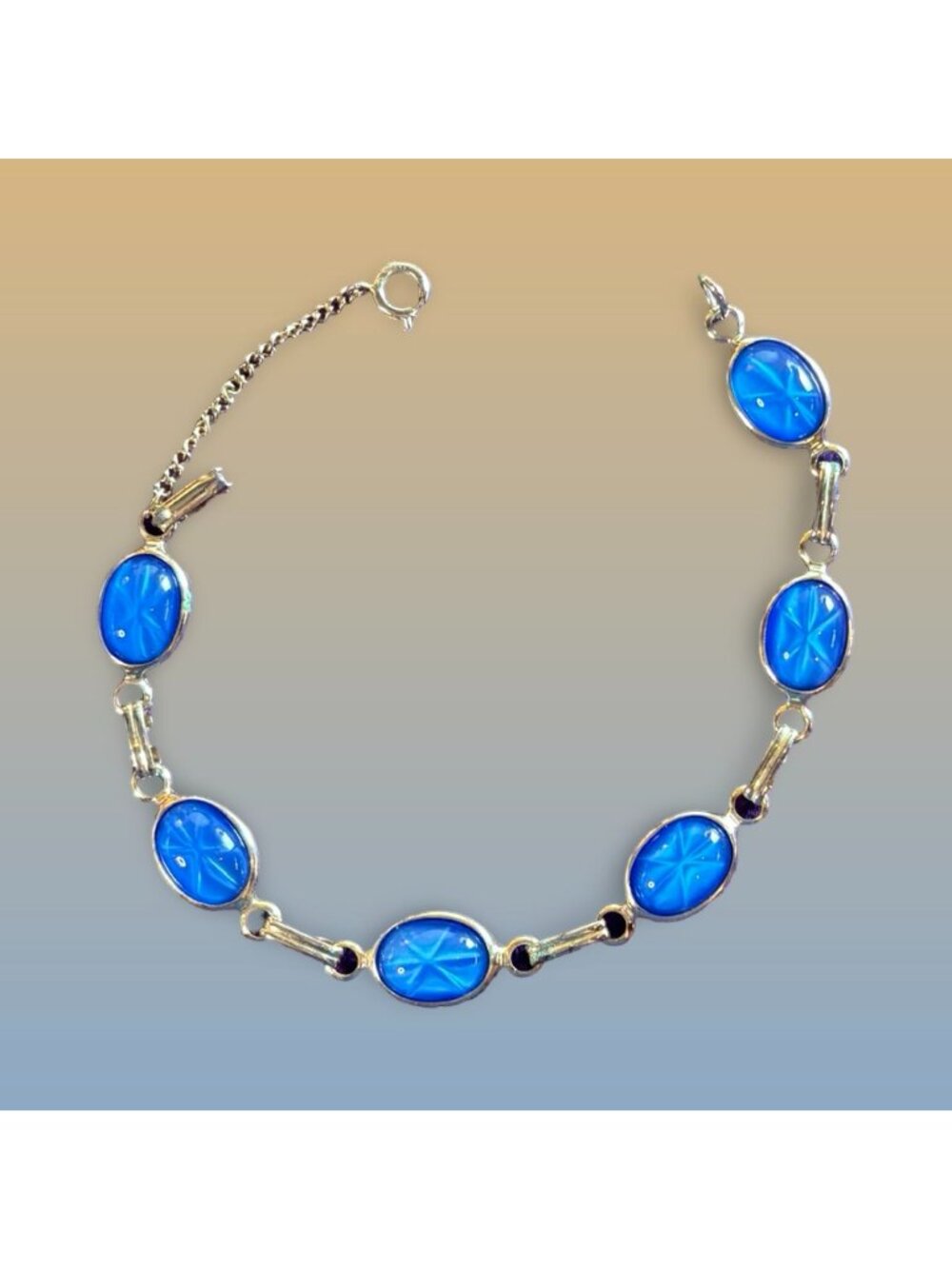 Blue Star Glass Oval Link Bracelet With Gold-Tone Chain & Clasp Vintage Gift